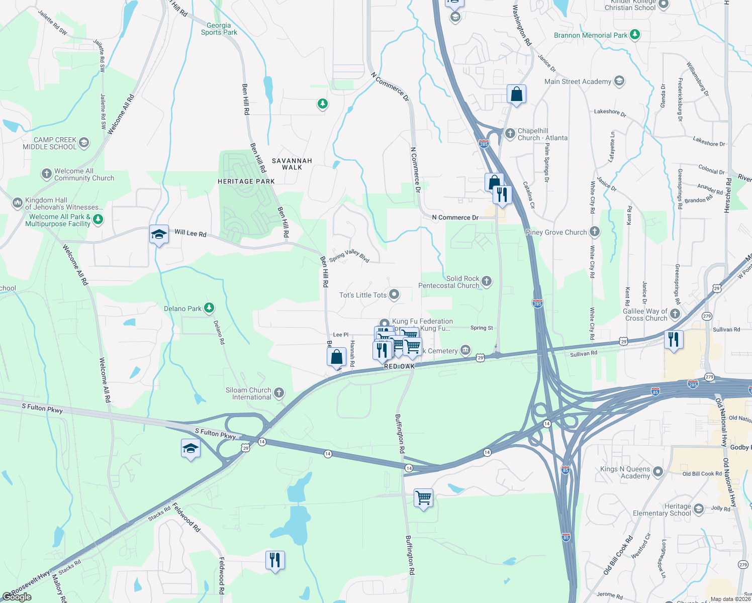 map of restaurants, bars, coffee shops, grocery stores, and more near 4725 Shoshonee Trail in Atlanta