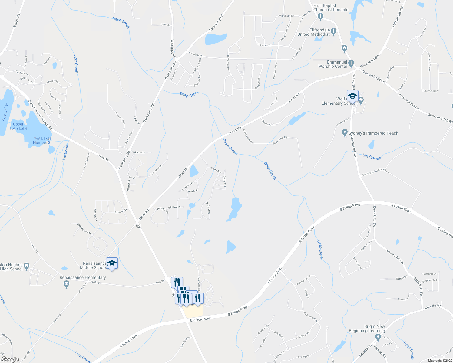 map of restaurants, bars, coffee shops, grocery stores, and more near 6830 Derby Avenue in Fairburn