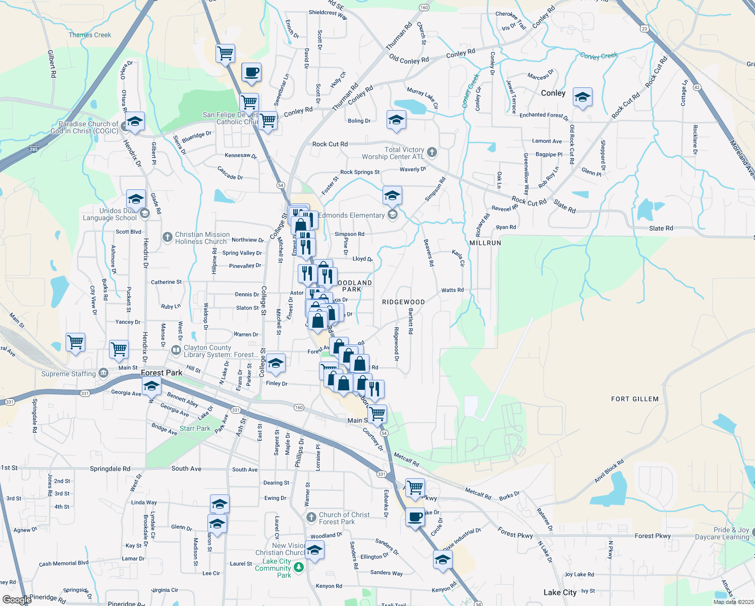 map of restaurants, bars, coffee shops, grocery stores, and more near 1230 Lloyd Drive in Forest Park