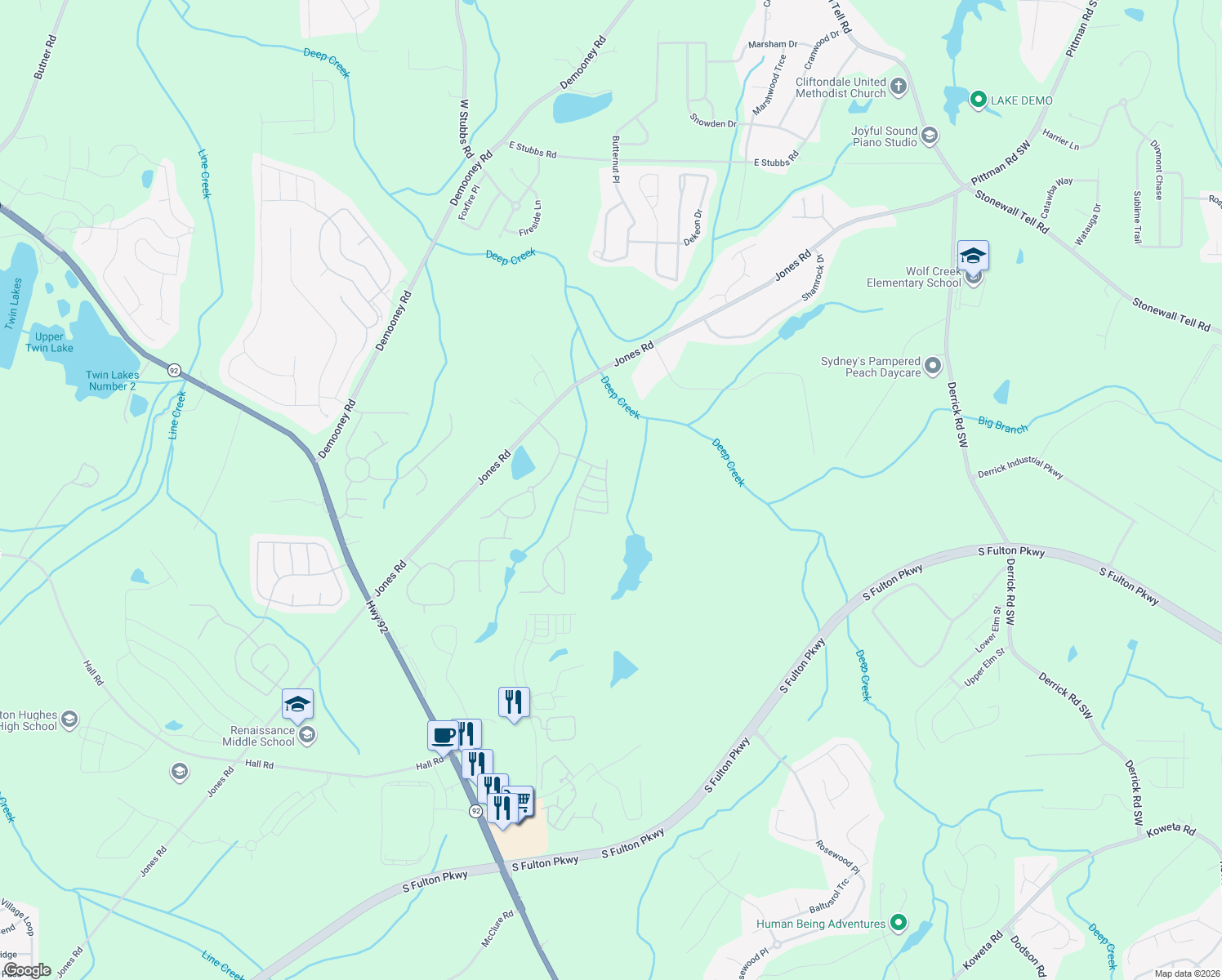 map of restaurants, bars, coffee shops, grocery stores, and more near 6733 Lake Erie Lane in Fairburn
