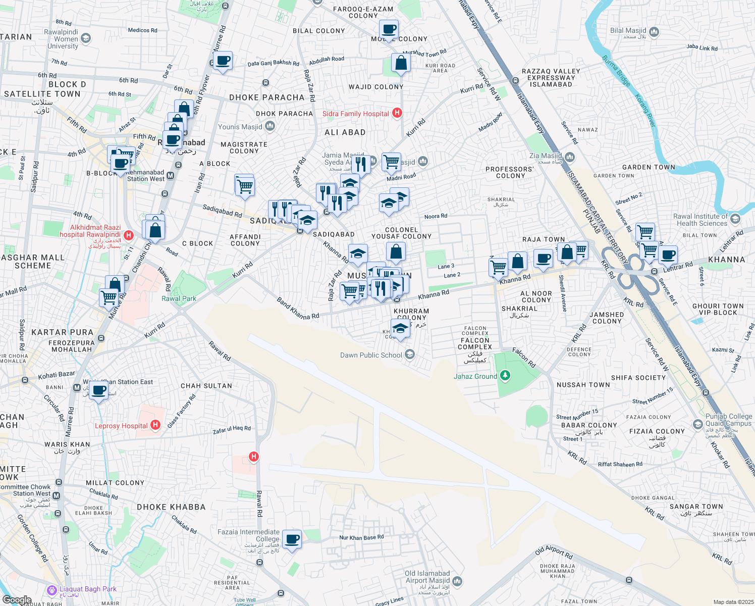 map of restaurants, bars, coffee shops, grocery stores, and more near Band Khanna Road in Rawalpindi