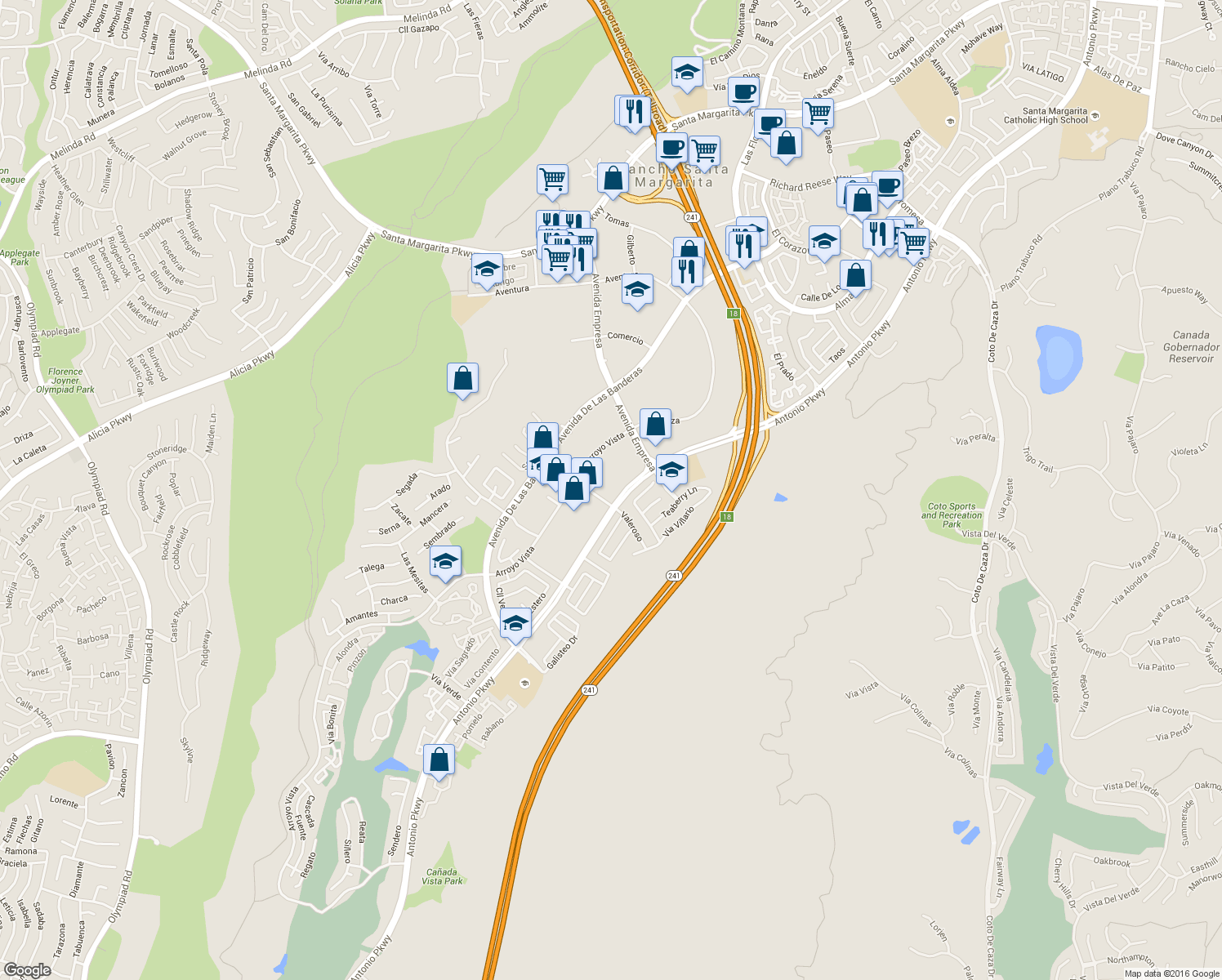 map of restaurants, bars, coffee shops, grocery stores, and more near 23121 Antonio Parkway in Rancho Santa Margarita