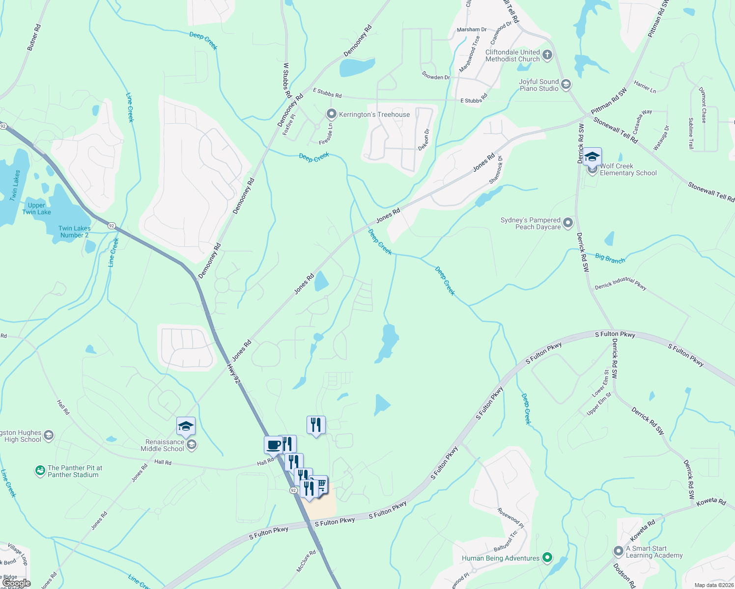 map of restaurants, bars, coffee shops, grocery stores, and more near 6733 Lake Erie Lane in Fairburn