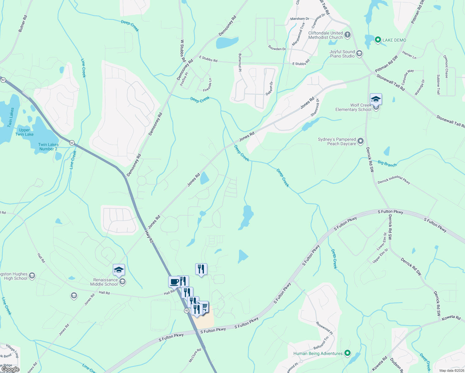 map of restaurants, bars, coffee shops, grocery stores, and more near 6733 Lake Erie Lane in Fairburn