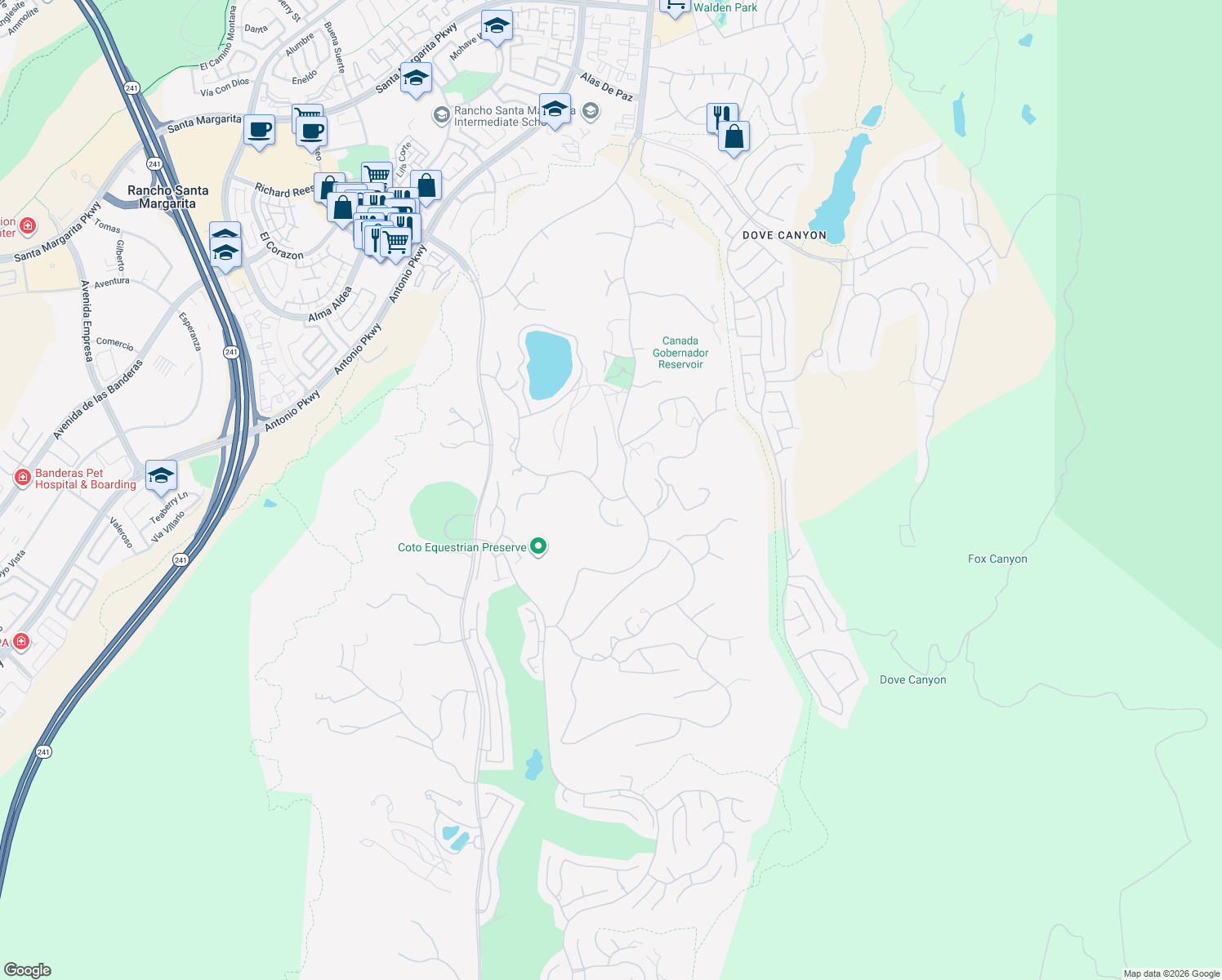 map of restaurants, bars, coffee shops, grocery stores, and more near 31621 Trigo Trail in Trabuco Canyon