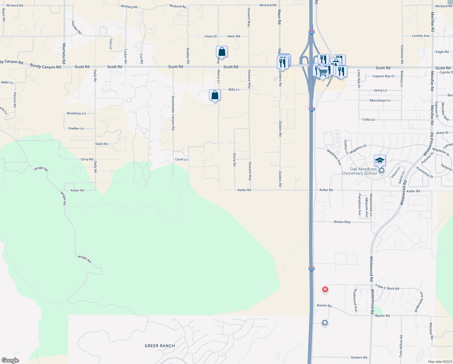 map of restaurants, bars, coffee shops, grocery stores, and more near 33981 Gloria Road in Menifee
