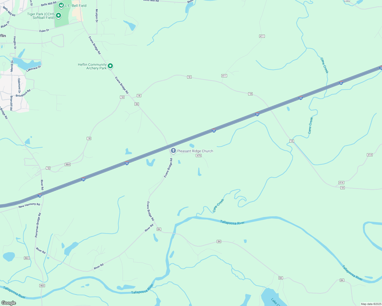 map of restaurants, bars, coffee shops, grocery stores, and more near County Road 475 in Heflin