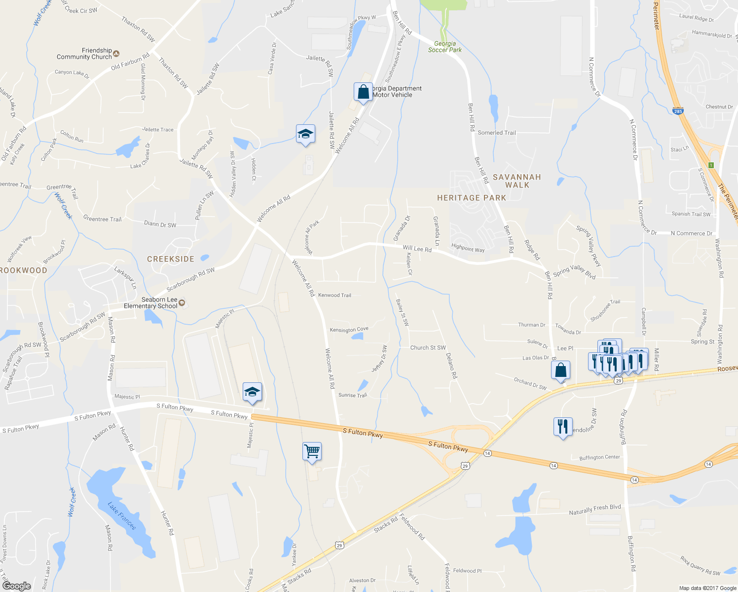 map of restaurants, bars, coffee shops, grocery stores, and more near 4161 Kenwood Trail in Atlanta