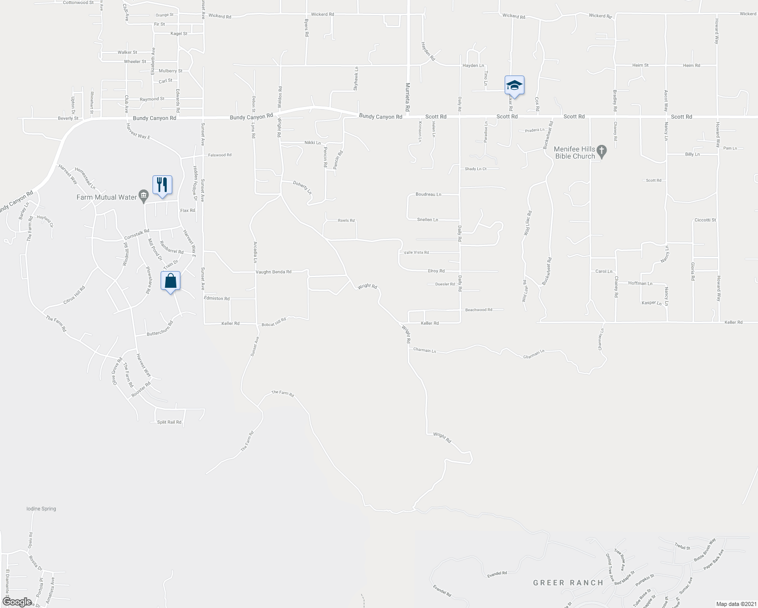map of restaurants, bars, coffee shops, grocery stores, and more near Wright Road in Menifee