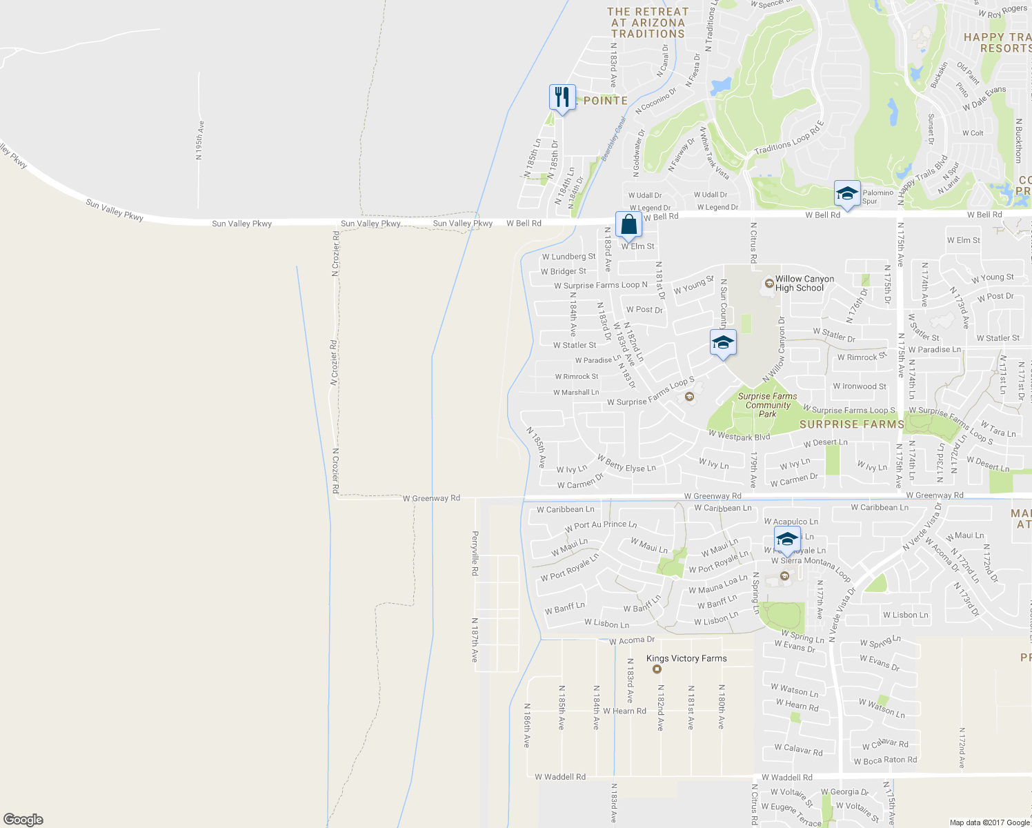 map of restaurants, bars, coffee shops, grocery stores, and more near 15892 North 185th Avenue in Surprise