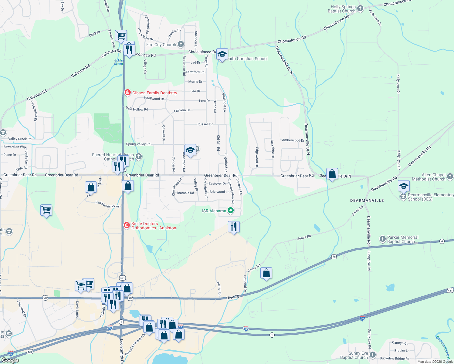 map of restaurants, bars, coffee shops, grocery stores, and more near 4131 Eastover Drive in Anniston