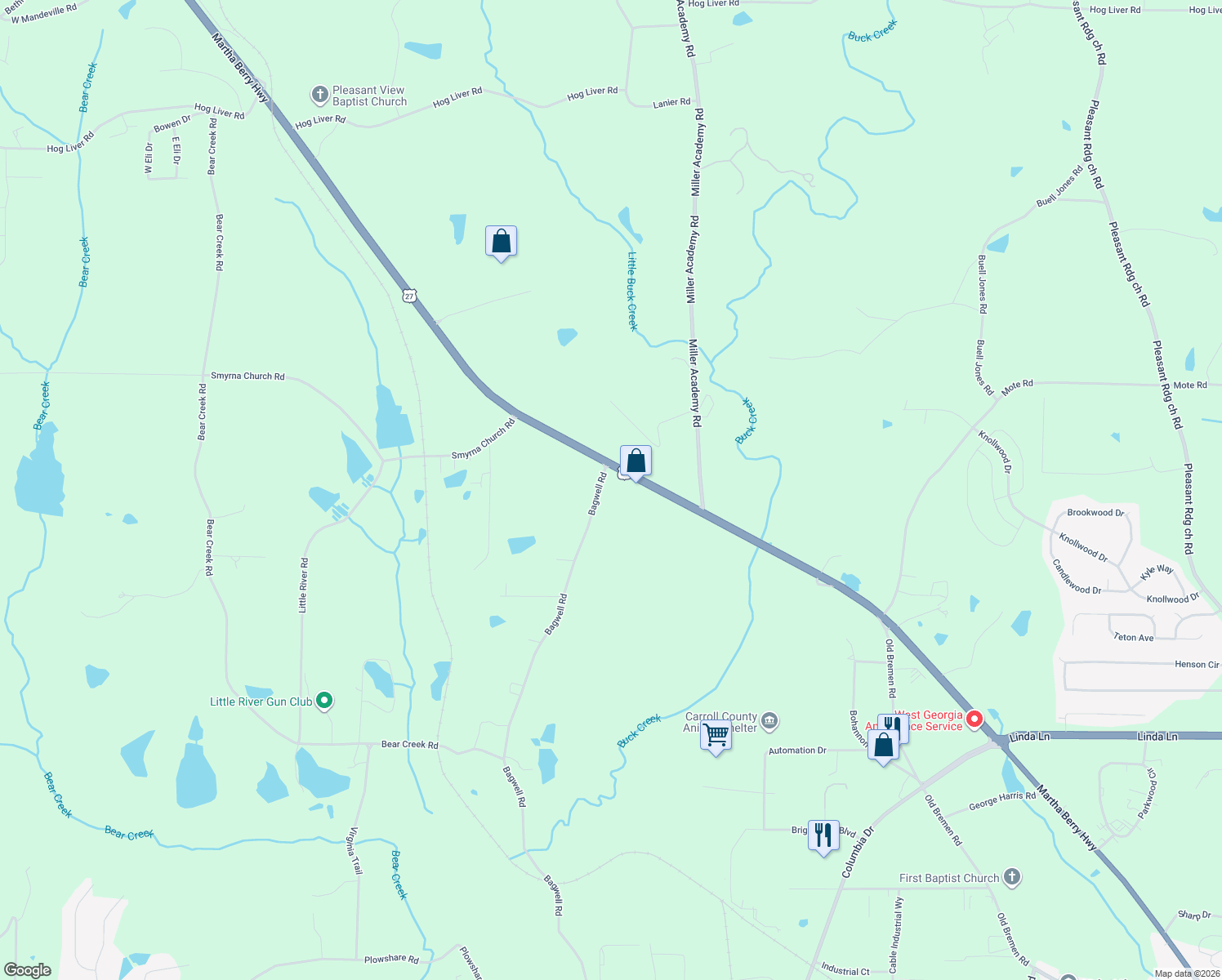 map of restaurants, bars, coffee shops, grocery stores, and more near 38 Bagwell Rd in Carrollton