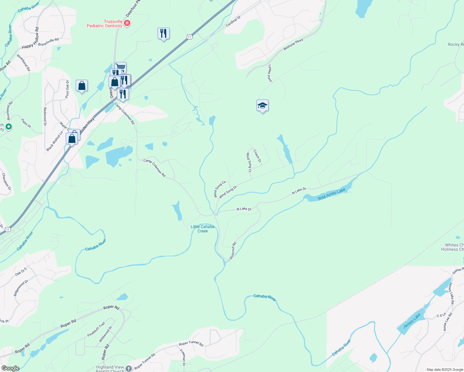 map of restaurants, bars, coffee shops, grocery stores, and more near 7676 Wind Song Drive in Trussville