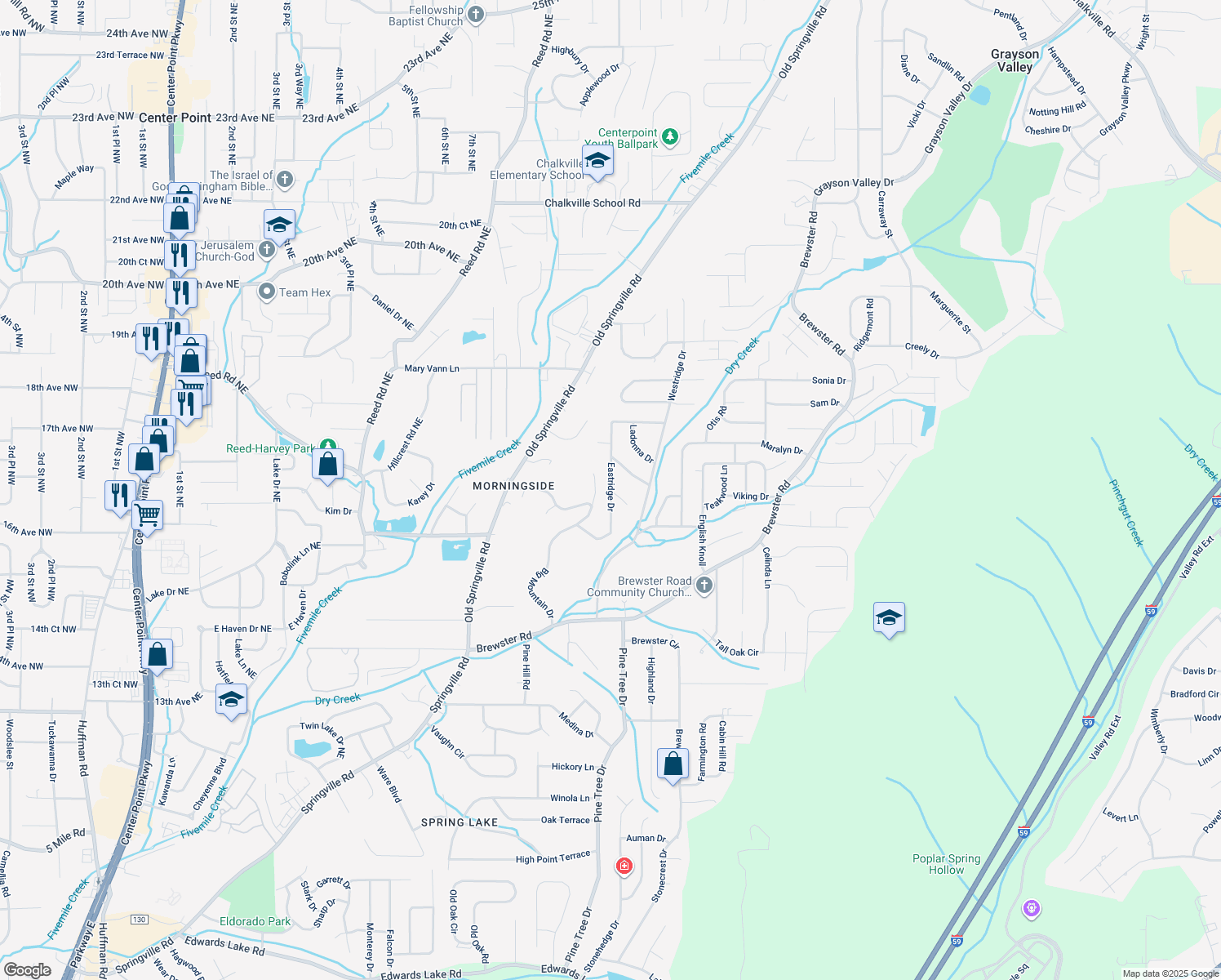 map of restaurants, bars, coffee shops, grocery stores, and more near 1760 Eastridge Drive in Birmingham