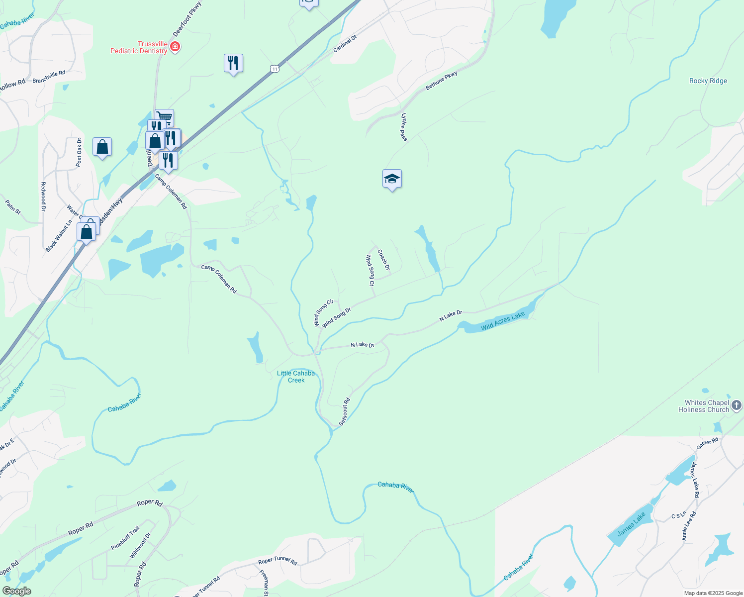 map of restaurants, bars, coffee shops, grocery stores, and more near 7763 Wind Song Drive in Trussville