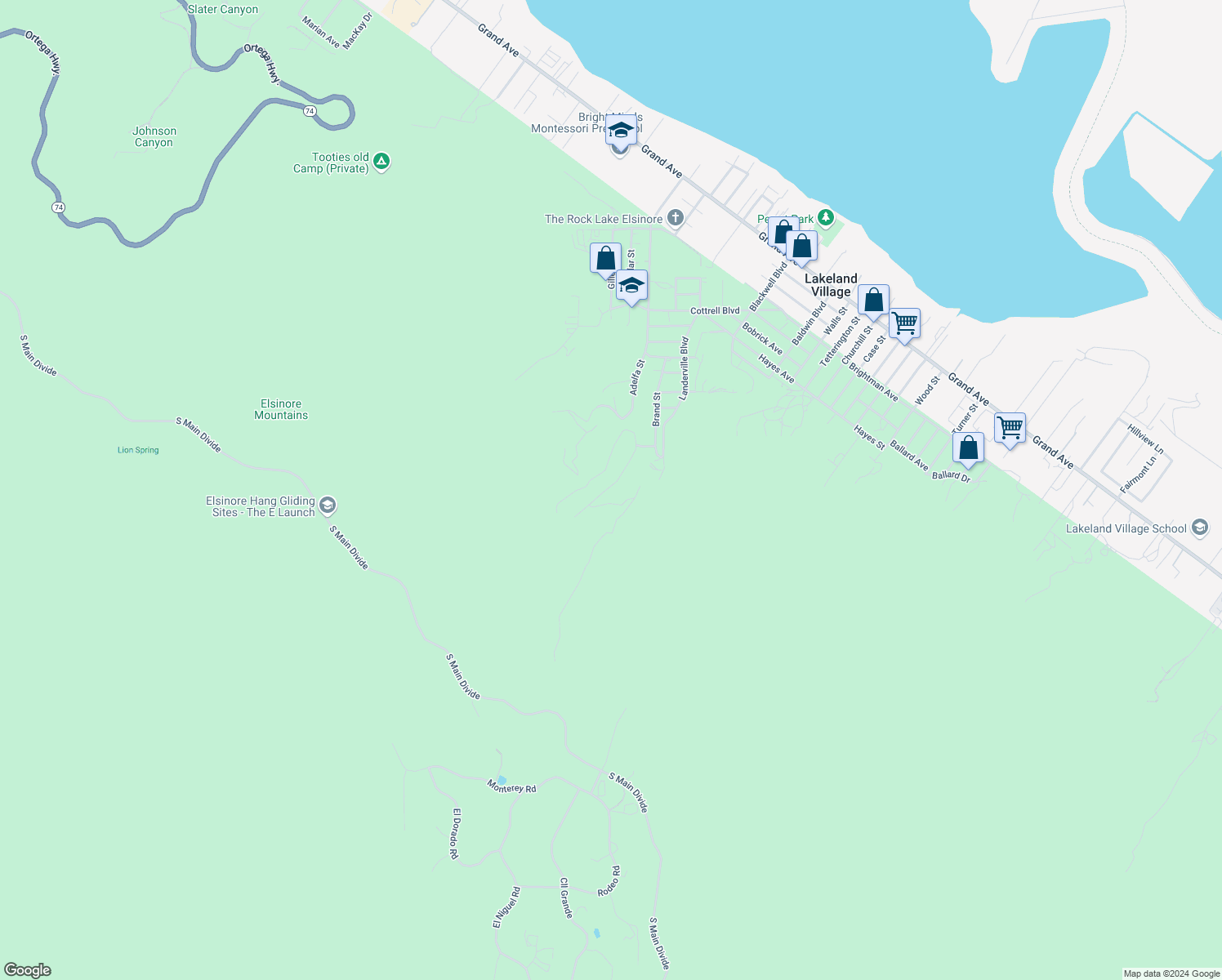 map of restaurants, bars, coffee shops, grocery stores, and more near Encina Drive in Lake Elsinore