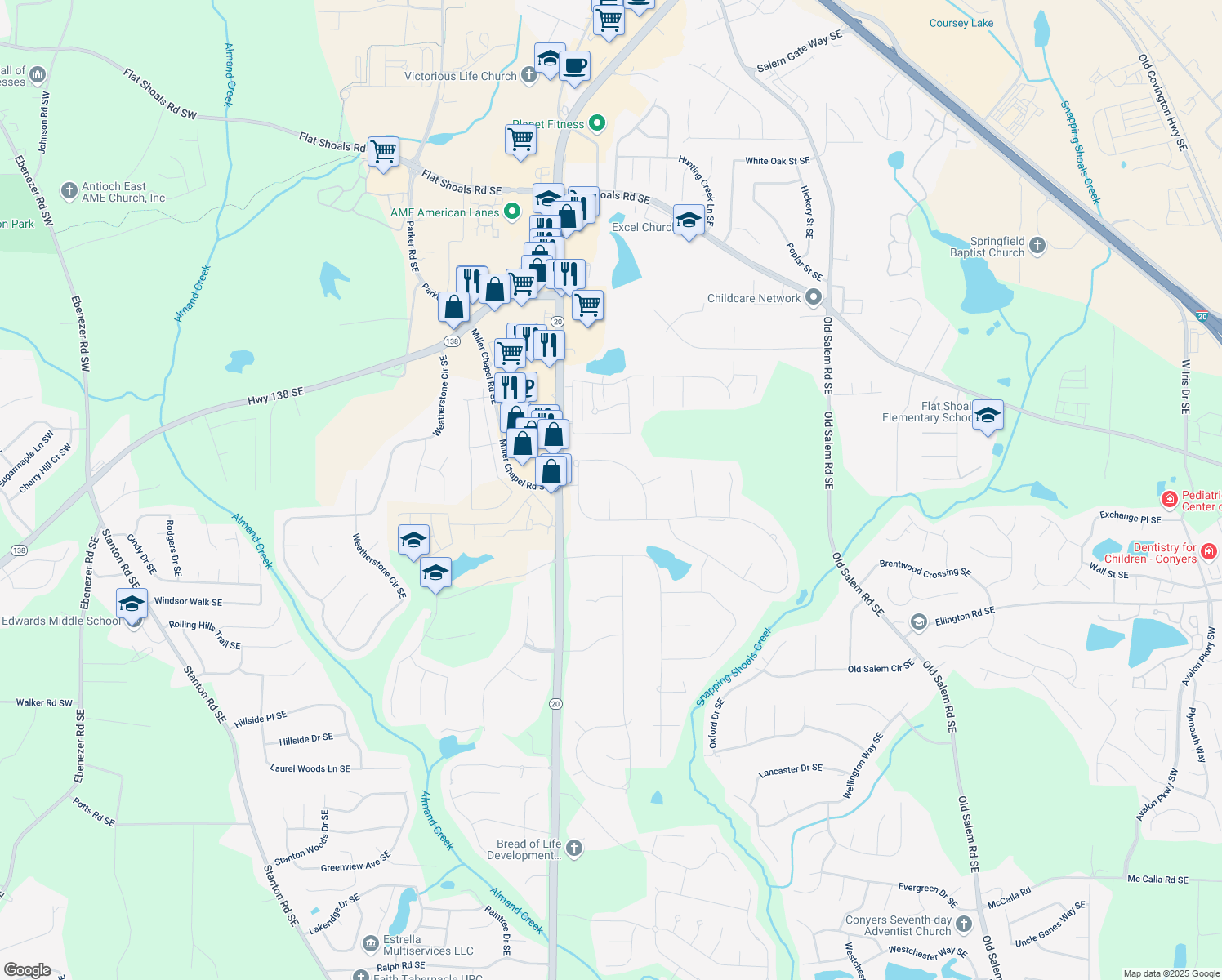map of restaurants, bars, coffee shops, grocery stores, and more near 1019 Henna Court Southeast in Conyers