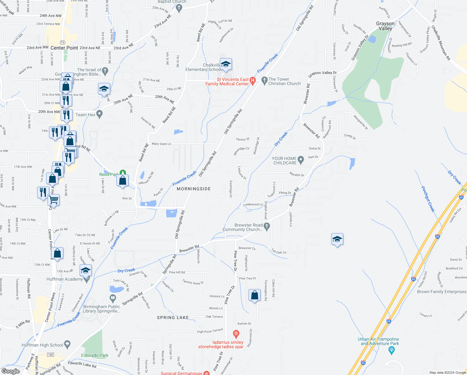 map of restaurants, bars, coffee shops, grocery stores, and more near 1749 Eastridge Drive in Birmingham