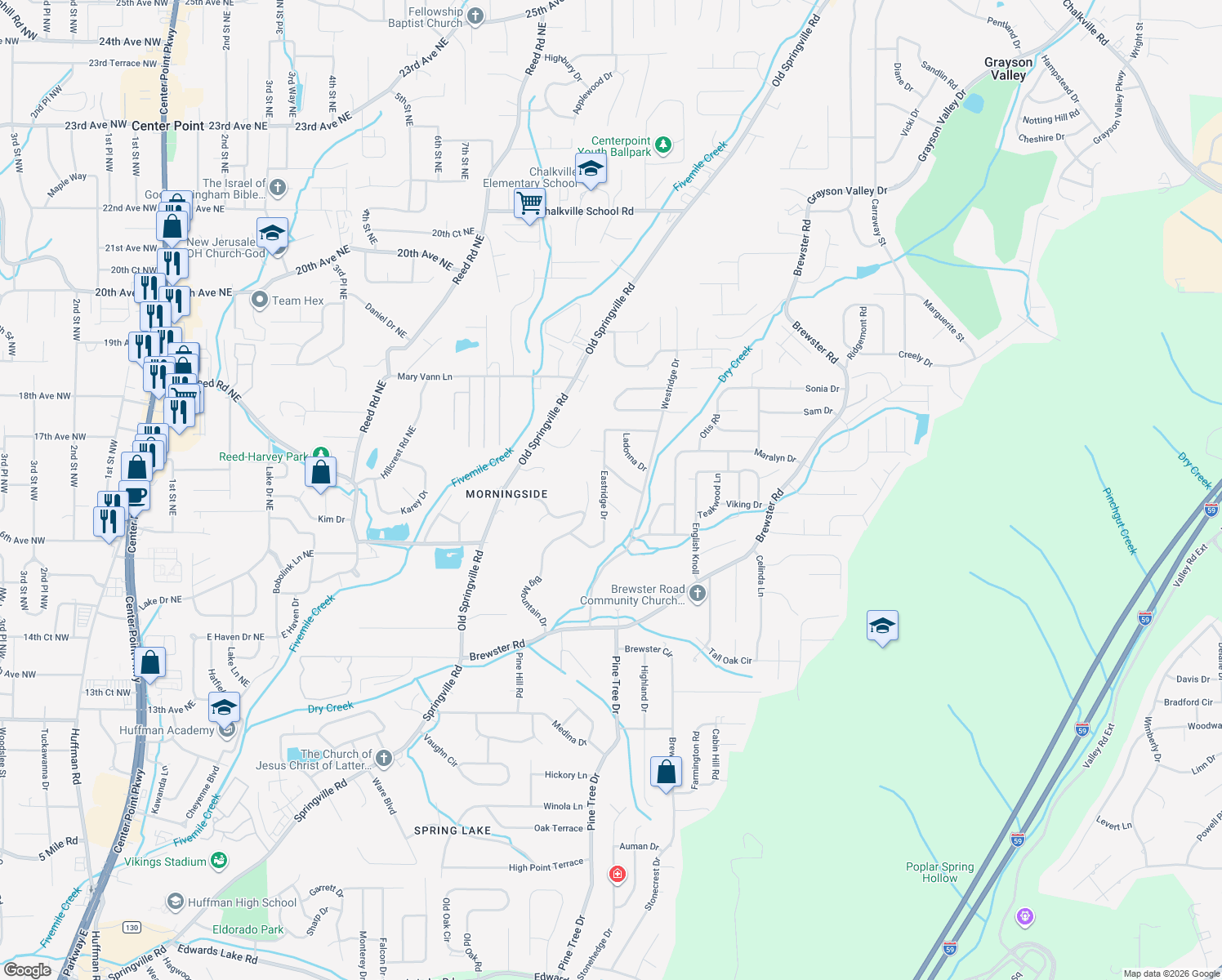 map of restaurants, bars, coffee shops, grocery stores, and more near 1749 Eastridge Drive in Birmingham