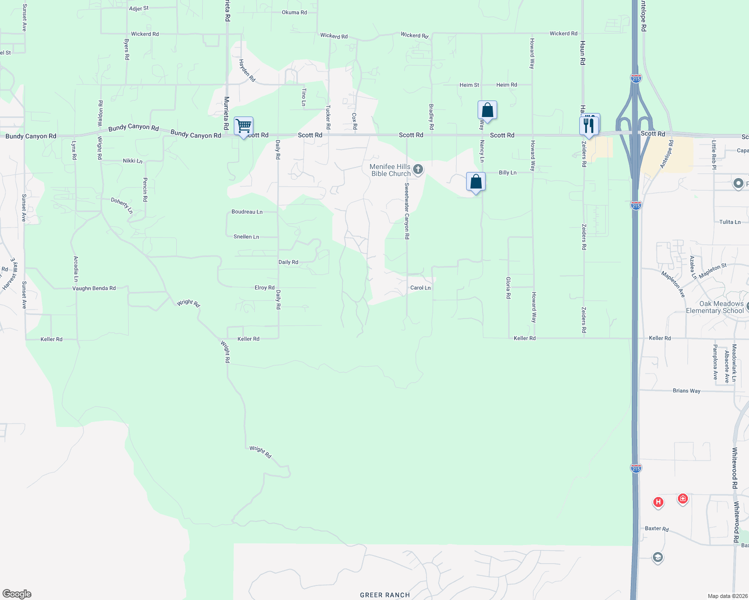 map of restaurants, bars, coffee shops, grocery stores, and more near 33800 Pinewood Lane in Menifee