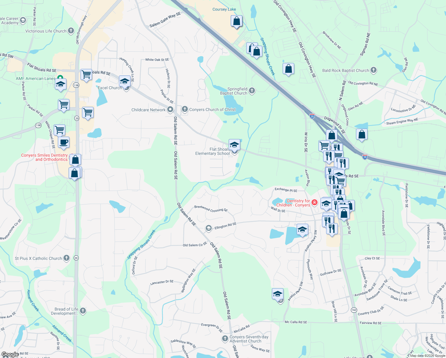 map of restaurants, bars, coffee shops, grocery stores, and more near 2628 Santa Fe Ct SE in Conyers