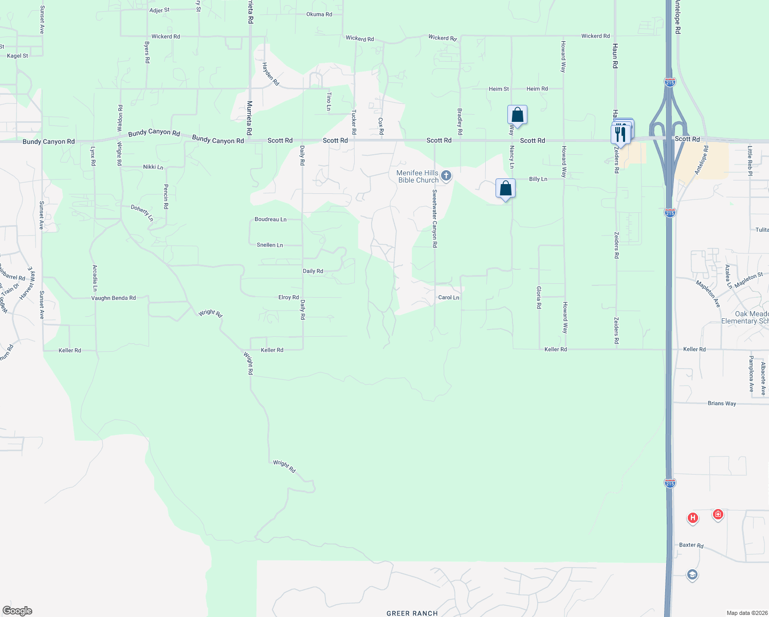 map of restaurants, bars, coffee shops, grocery stores, and more near 33800 Pinewood Lane in Menifee