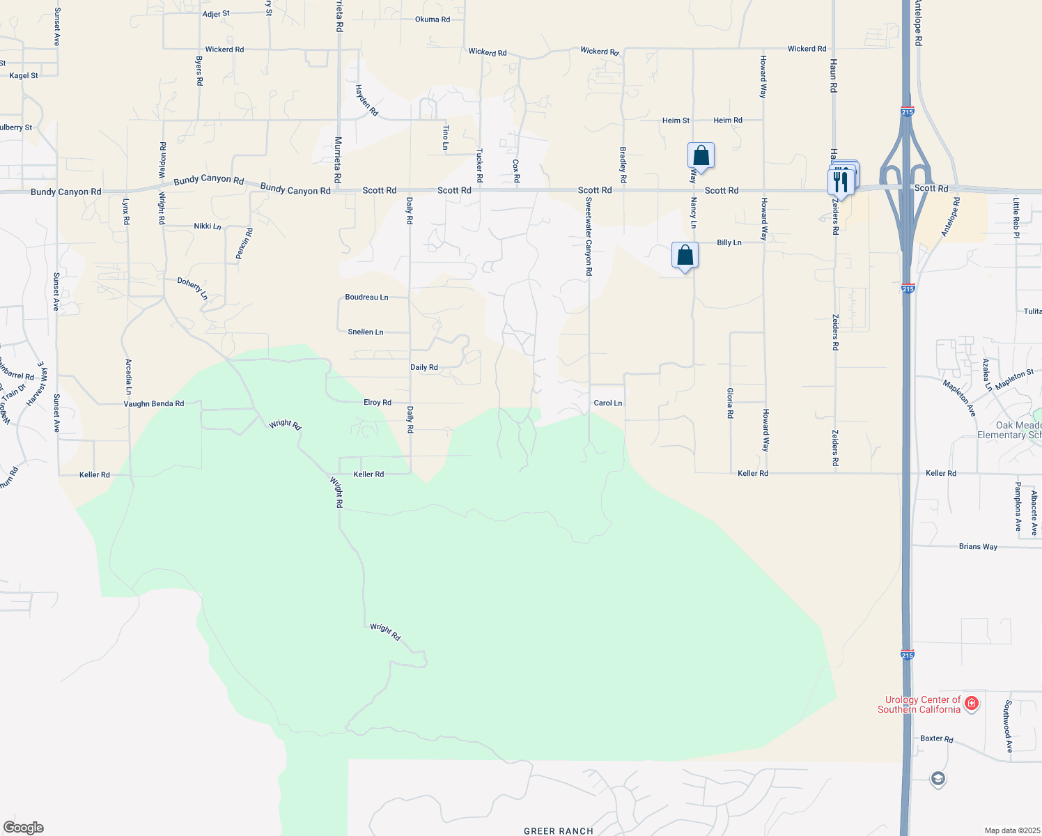map of restaurants, bars, coffee shops, grocery stores, and more near 33515 Wild Lilac Road in Menifee