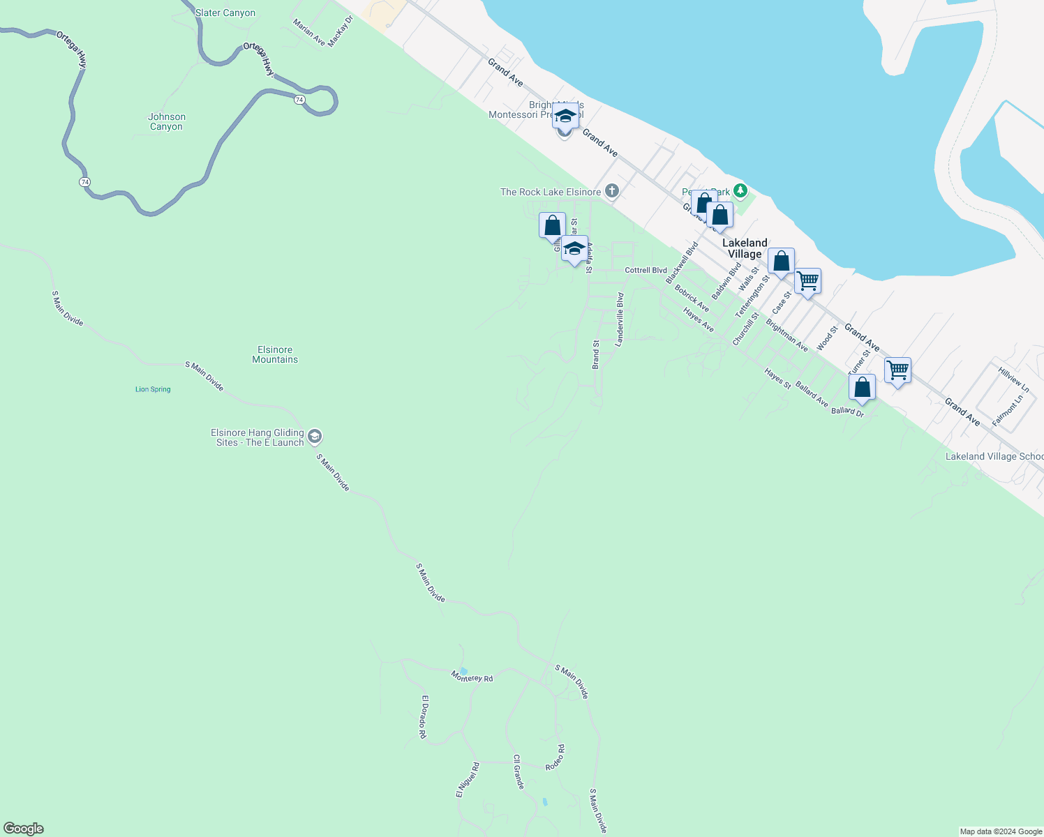 map of restaurants, bars, coffee shops, grocery stores, and more near Encina Drive in Lake Elsinore