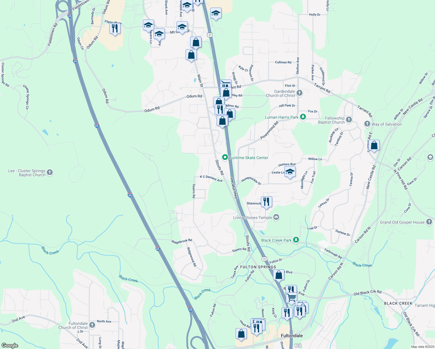 map of restaurants, bars, coffee shops, grocery stores, and more near 1609 K C Dement Ave in Fultondale