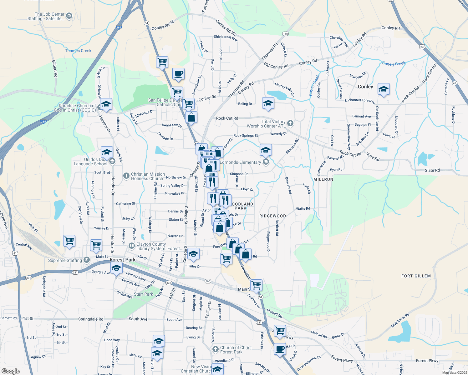 map of restaurants, bars, coffee shops, grocery stores, and more near 1088 Lloyd Drive in Forest Park