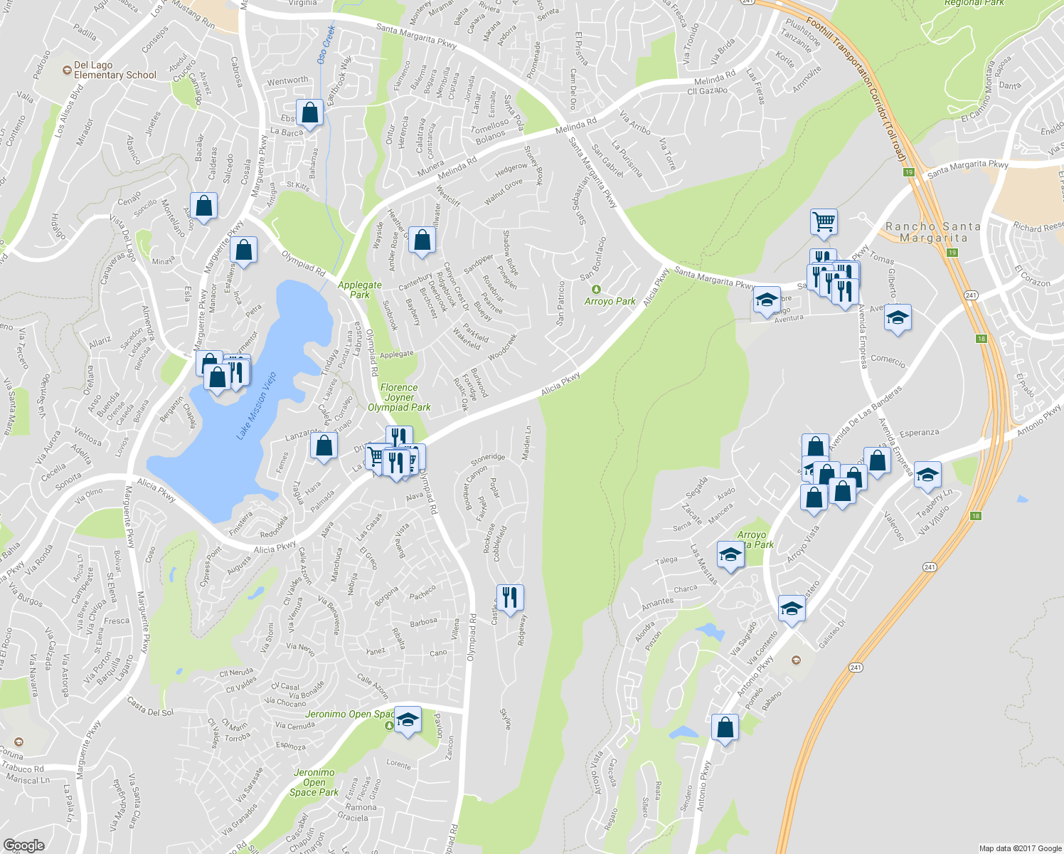 map of restaurants, bars, coffee shops, grocery stores, and more near 22816 Maiden Lane in Mission Viejo