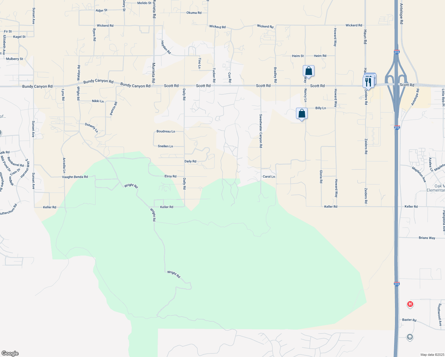 map of restaurants, bars, coffee shops, grocery stores, and more near 33515 Wild Lilac Road in Menifee