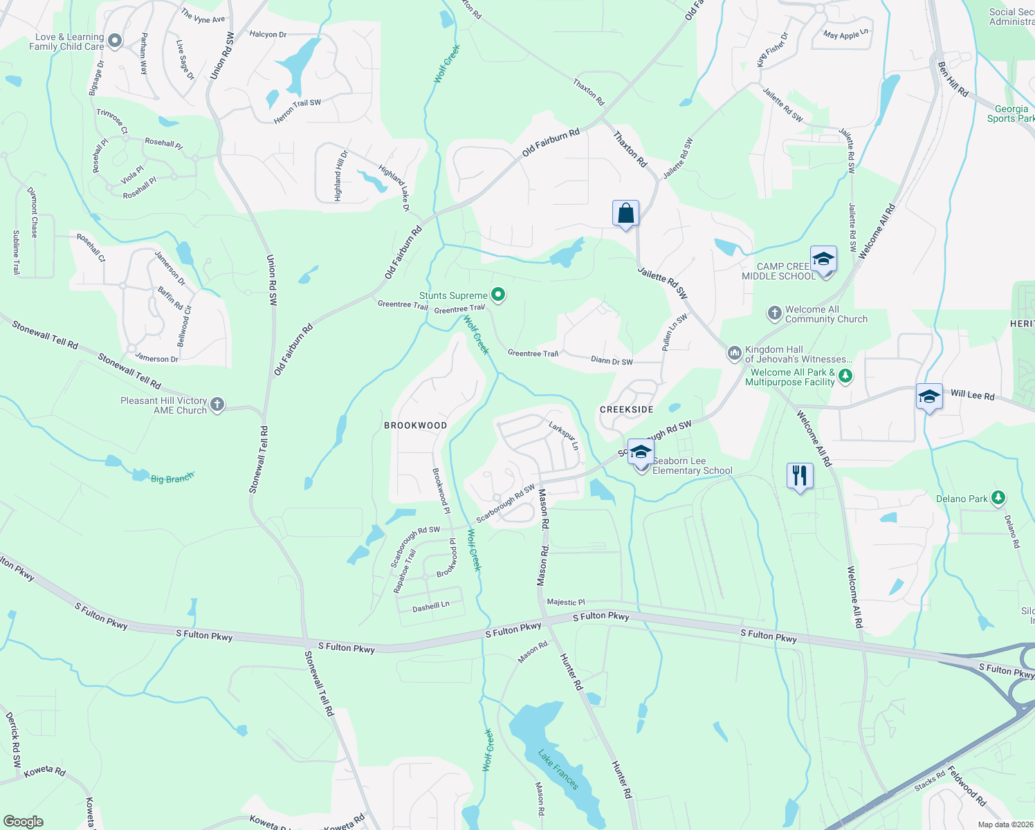 map of restaurants, bars, coffee shops, grocery stores, and more near 5027 Larkspur Ln in College Park
