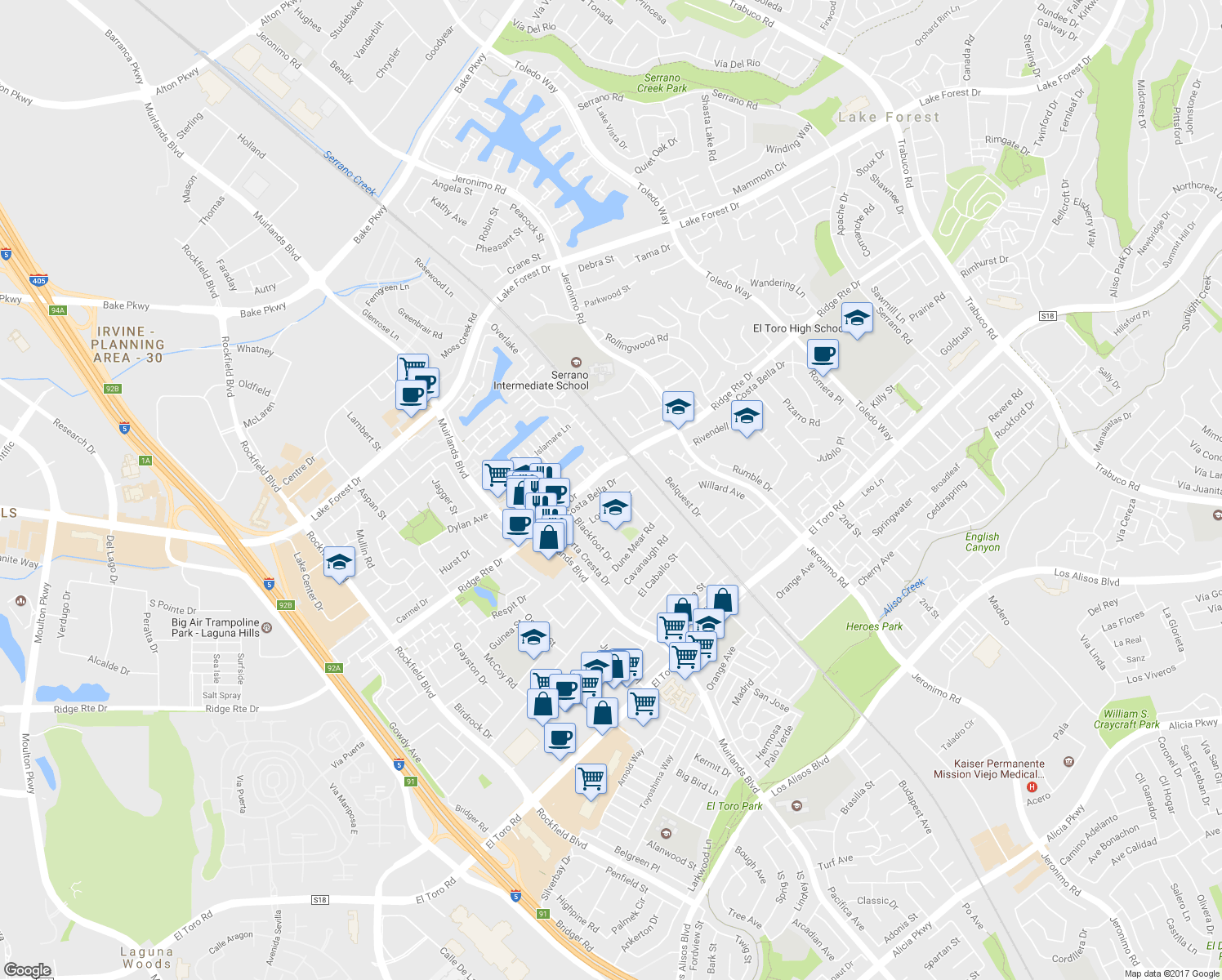 map of restaurants, bars, coffee shops, grocery stores, and more near 22792 Costa Bella Drive in Lake Forest