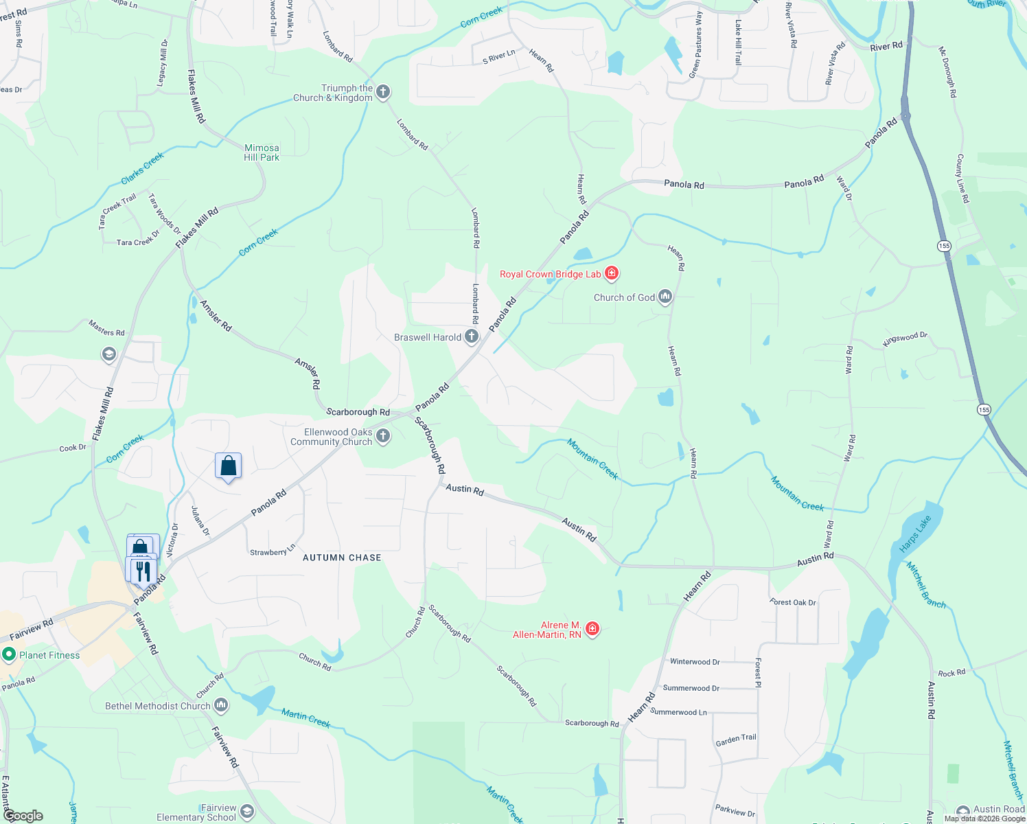 map of restaurants, bars, coffee shops, grocery stores, and more near 119 Scarborough Court in Ellenwood
