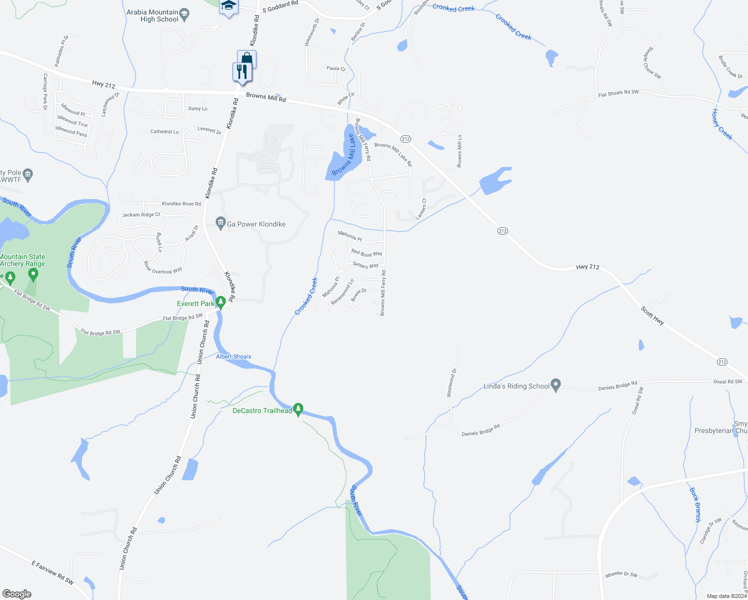 map of restaurants, bars, coffee shops, grocery stores, and more near 7124 Lamar Court in Lithonia