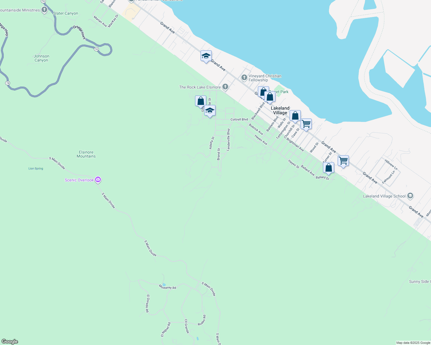 map of restaurants, bars, coffee shops, grocery stores, and more near 33761 Landerville Boulevard in Lake Elsinore