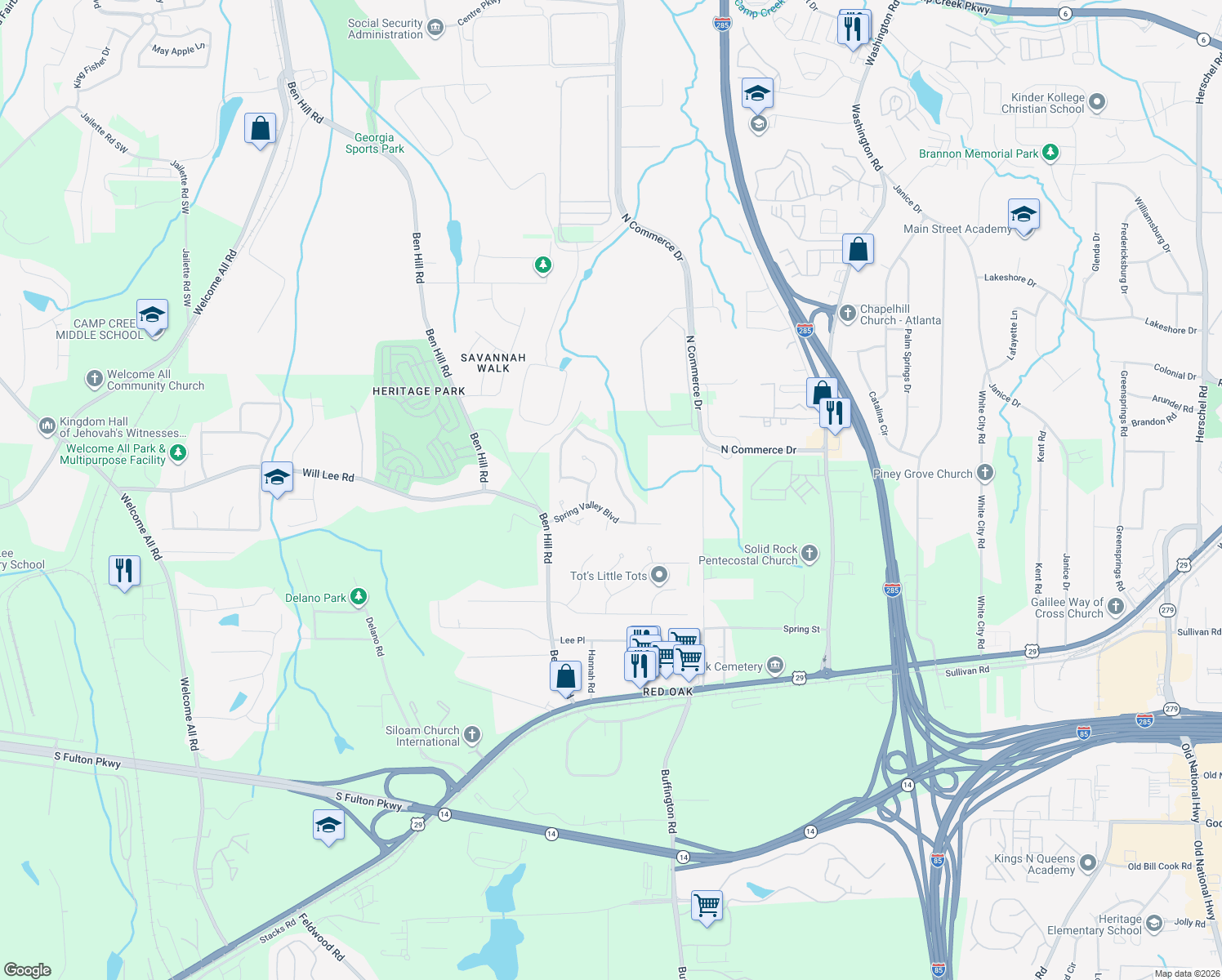 map of restaurants, bars, coffee shops, grocery stores, and more near 4575 Spring Valley Pkwy in Atlanta