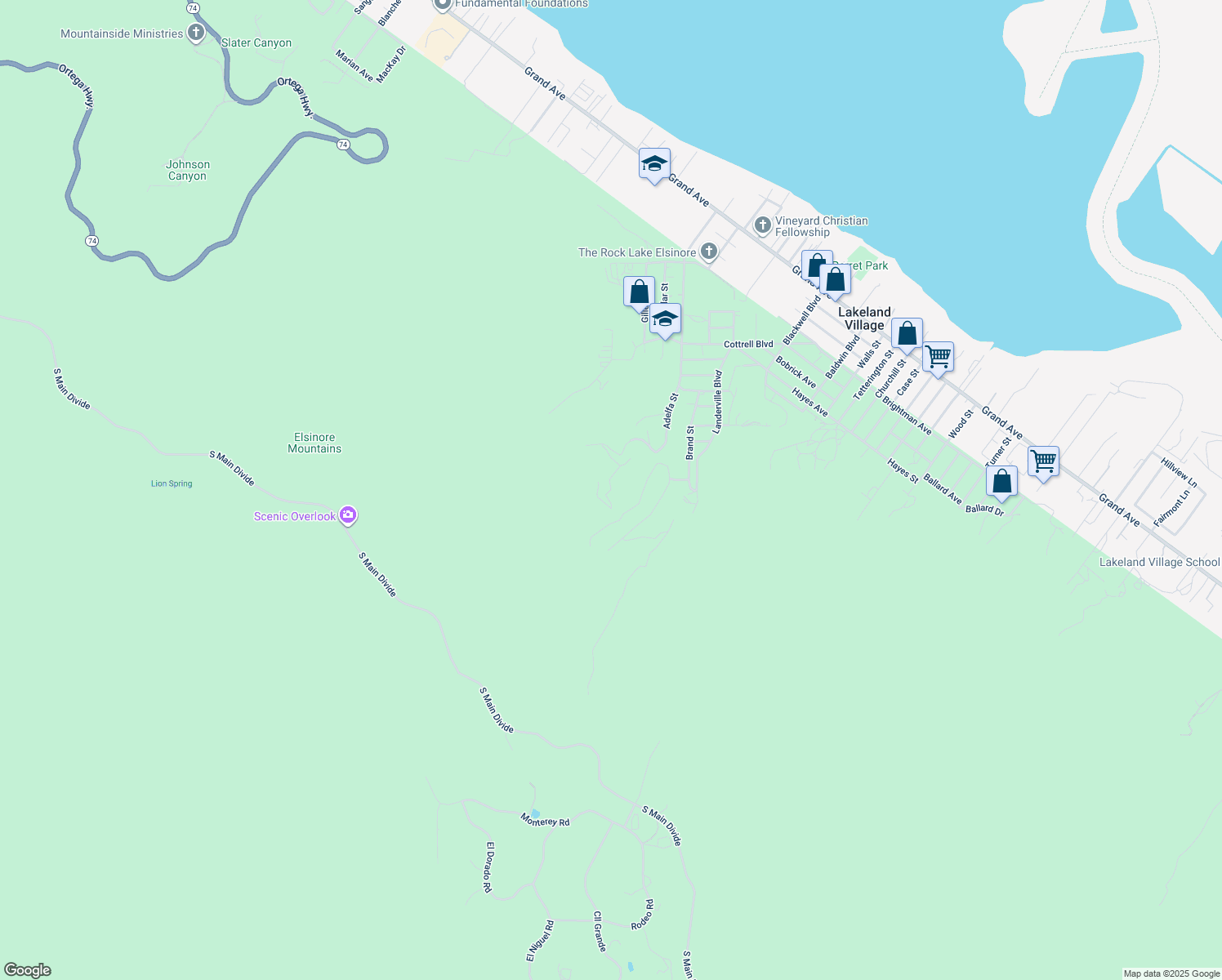 map of restaurants, bars, coffee shops, grocery stores, and more near Encina Drive in Lake Elsinore