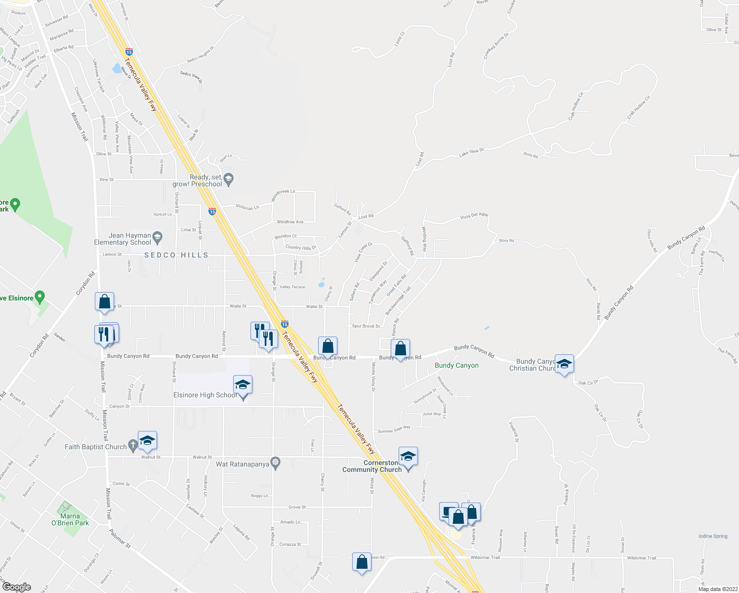 map of restaurants, bars, coffee shops, grocery stores, and more near 22416-22498 Lakewood Drive in Wildomar