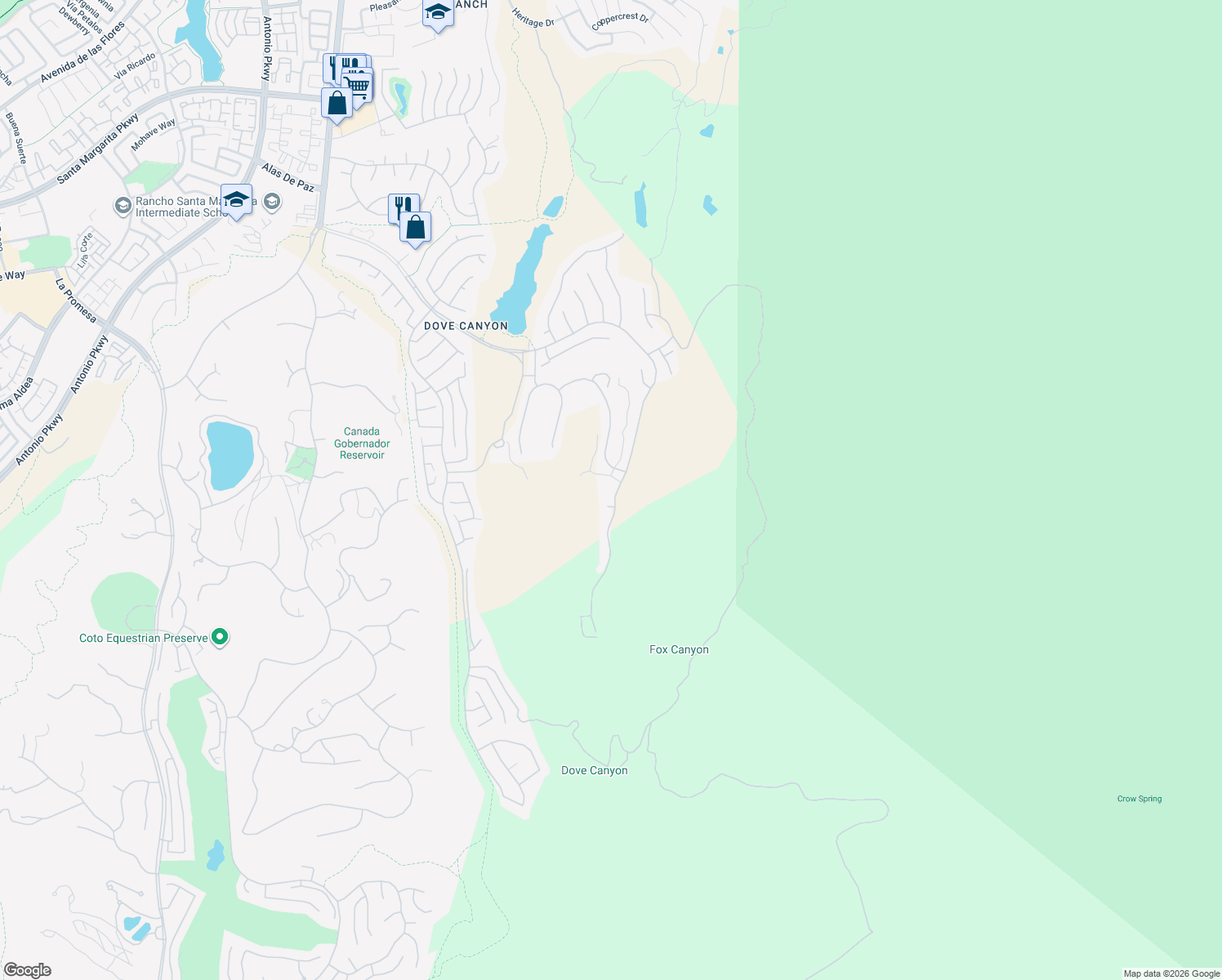 map of restaurants, bars, coffee shops, grocery stores, and more near 41 Bell Canyon Drive in Trabuco Canyon