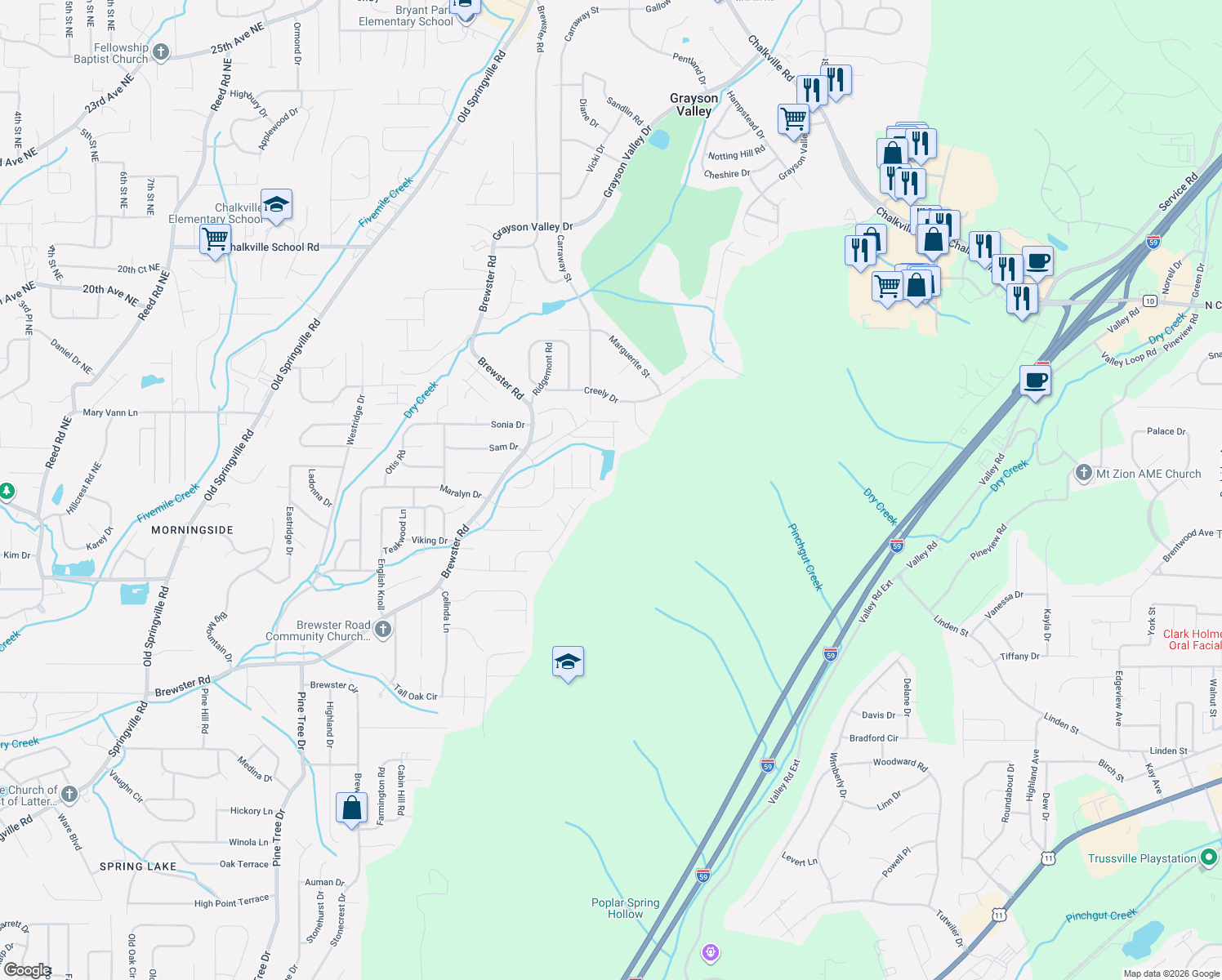 map of restaurants, bars, coffee shops, grocery stores, and more near 5034 Pebble Lane in Birmingham
