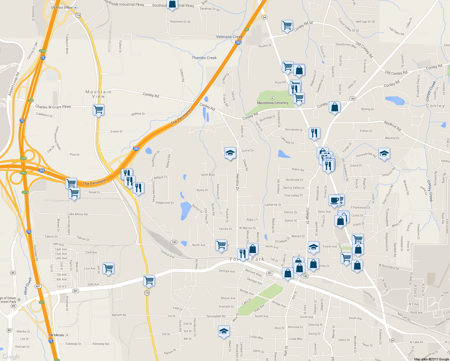 map of restaurants, bars, coffee shops, grocery stores, and more near 4529 Puckett Street in Forest Park