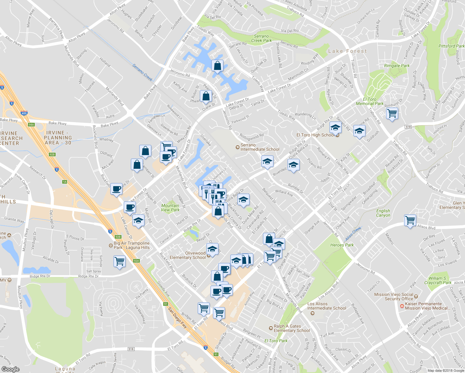 map of restaurants, bars, coffee shops, grocery stores, and more near 22853 Ridge Route Lane in Lake Forest