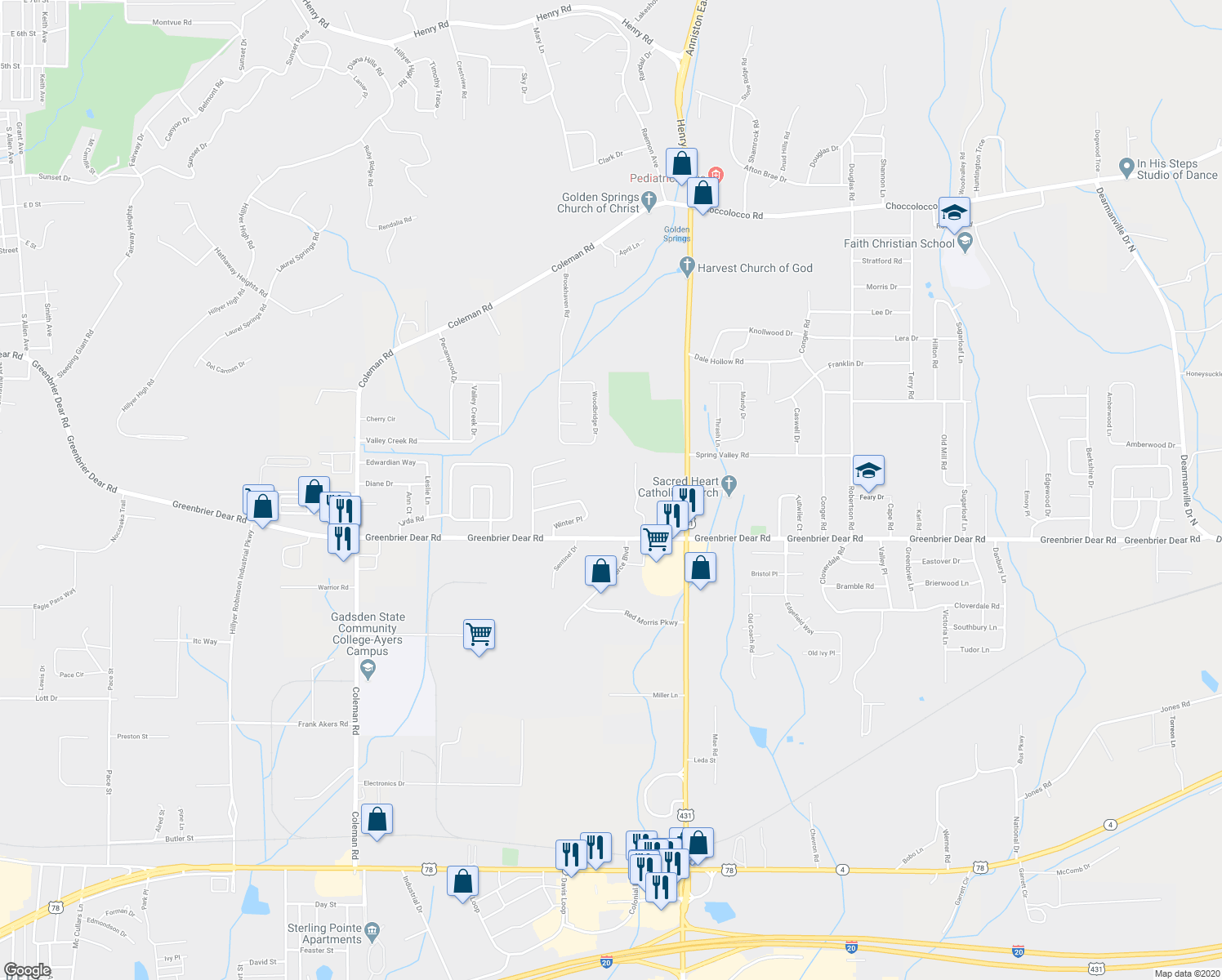 map of restaurants, bars, coffee shops, grocery stores, and more near 3425 Greenbrier Dear Road in Anniston