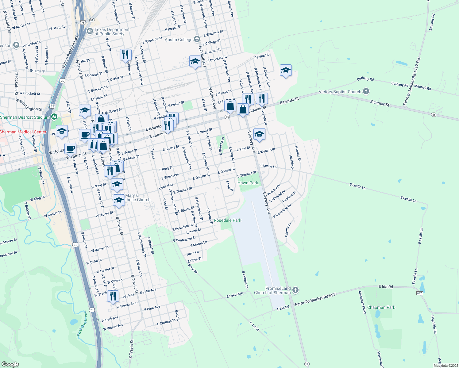 map of restaurants, bars, coffee shops, grocery stores, and more near 917 S Lee St in Sherman