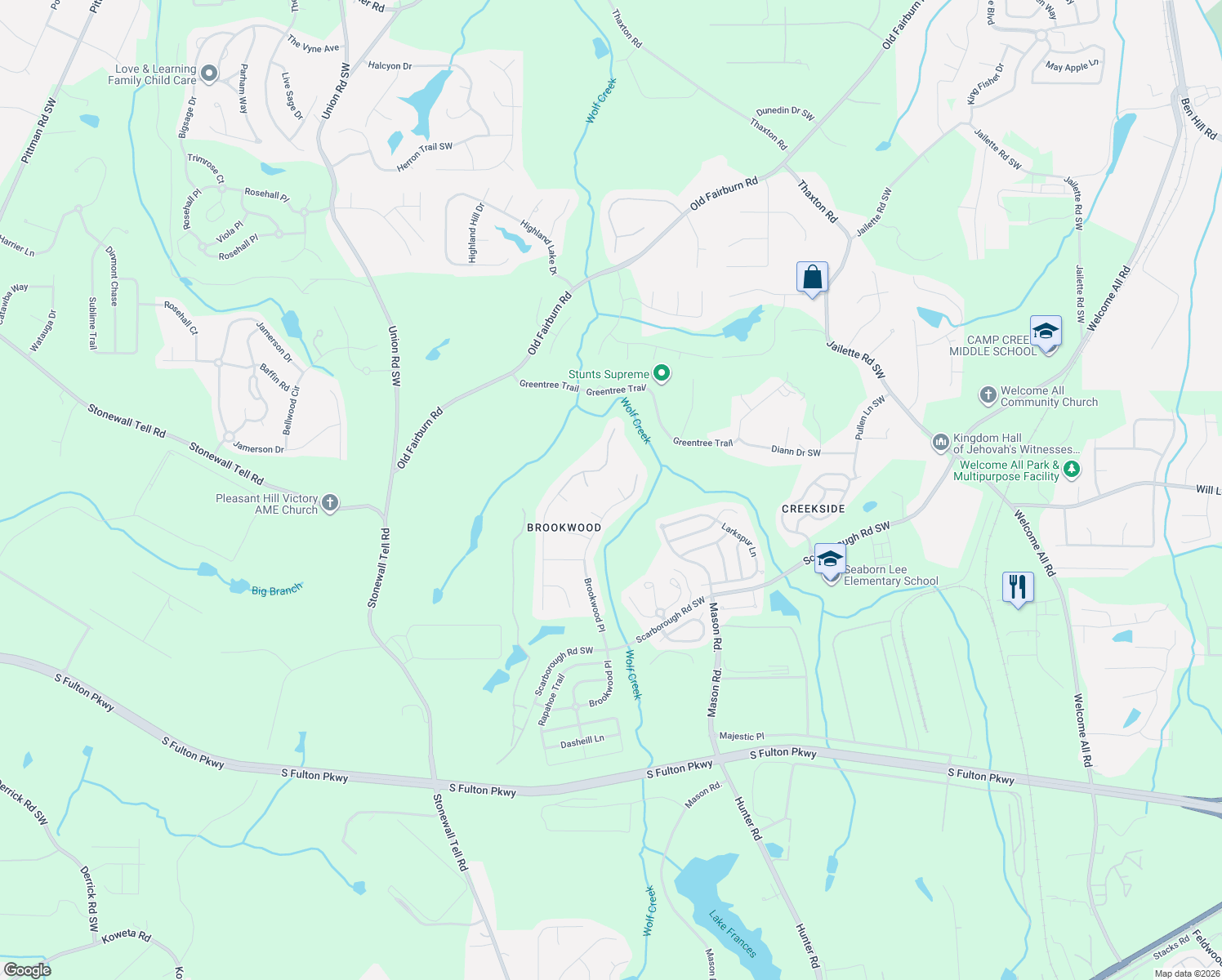map of restaurants, bars, coffee shops, grocery stores, and more near 310 Wolfcreek Cove in College Park
