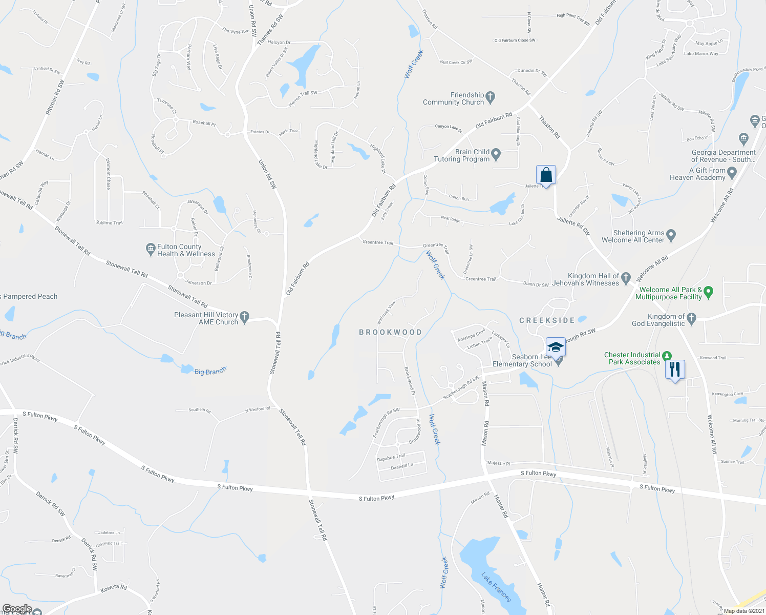map of restaurants, bars, coffee shops, grocery stores, and more near 4899 Wolfcreek View in College Park