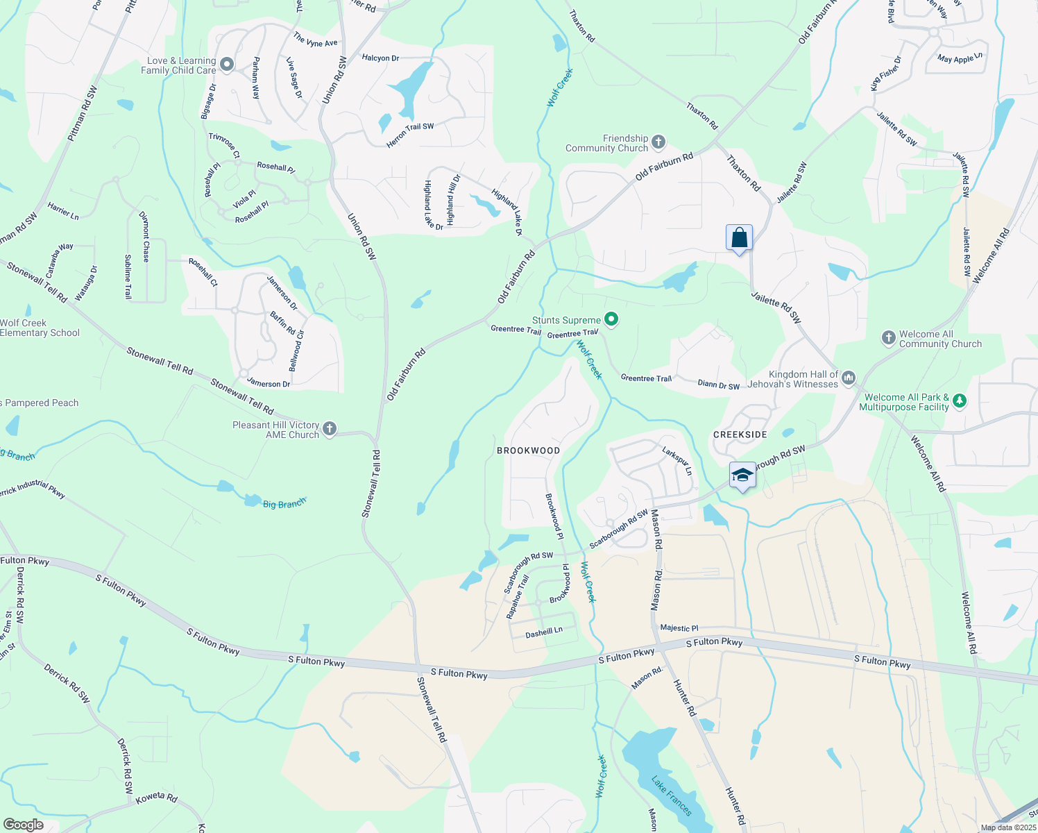 map of restaurants, bars, coffee shops, grocery stores, and more near 4895 Wolfcreek View in College Park