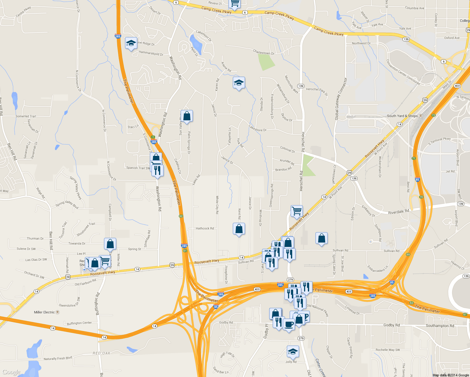 map of restaurants, bars, coffee shops, grocery stores, and more near 4545 Kent Road in College Park